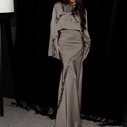 Graceful Fashionable Set Women Irregular Asymmetric Design Ruffled Long Sleeved Top Hip Skirt Two Piece Set by Ragazza
