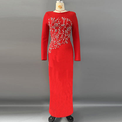 Handmade Beads Rhinestones Slim Long Sleeve Bandage One Piece Dress Elegant Graceful Party Dress by Ragazza