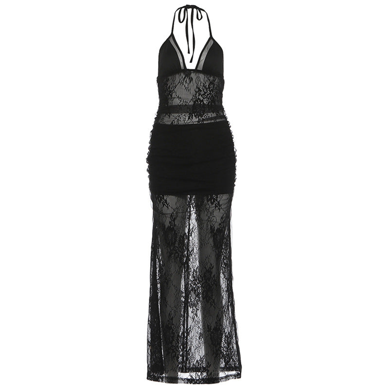Autumn Winter Women Sexy Lace Stitching Halter Split Maxi Dress by Ragazza
