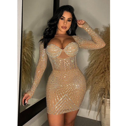 Women Wear Solid Color Mesh Rhinestone Long Sleeve Short Dress by Ragazza
