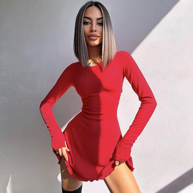 Women Clothing Autumn Winter Simple Solid Color Back Lace up Waist Controlled Dress by Ragazza