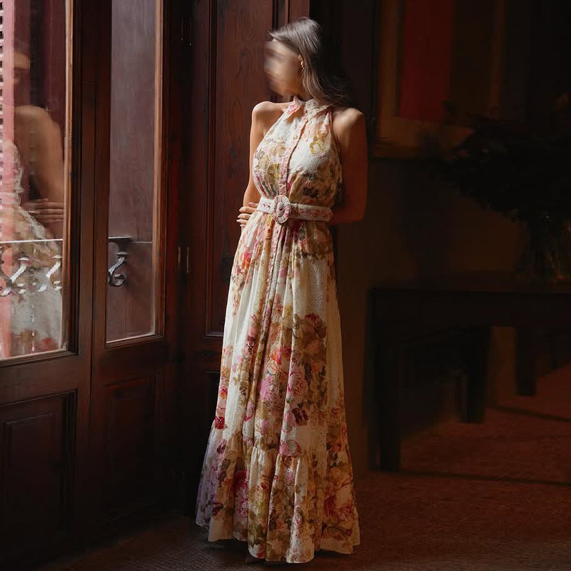 Retro French Floral Print Maxi Dress Summer Sleeveless Collared Waist Tight Single Breasted Dress Women by Ragazza