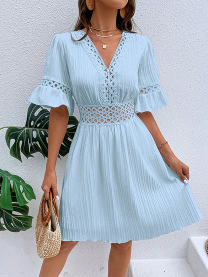 Women Clothing Summer Patchwork Lace V Neck Tight Waist Solid Color Dress by Ragazza
