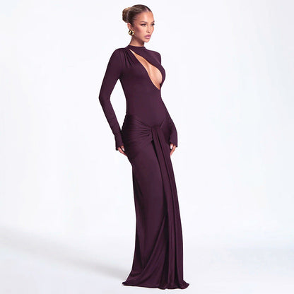 Women Clothing Autumn Winter Solid Color Sexy Slim Chest Hollow Out Cutout Sheath Tied Dress Women by Ragazza