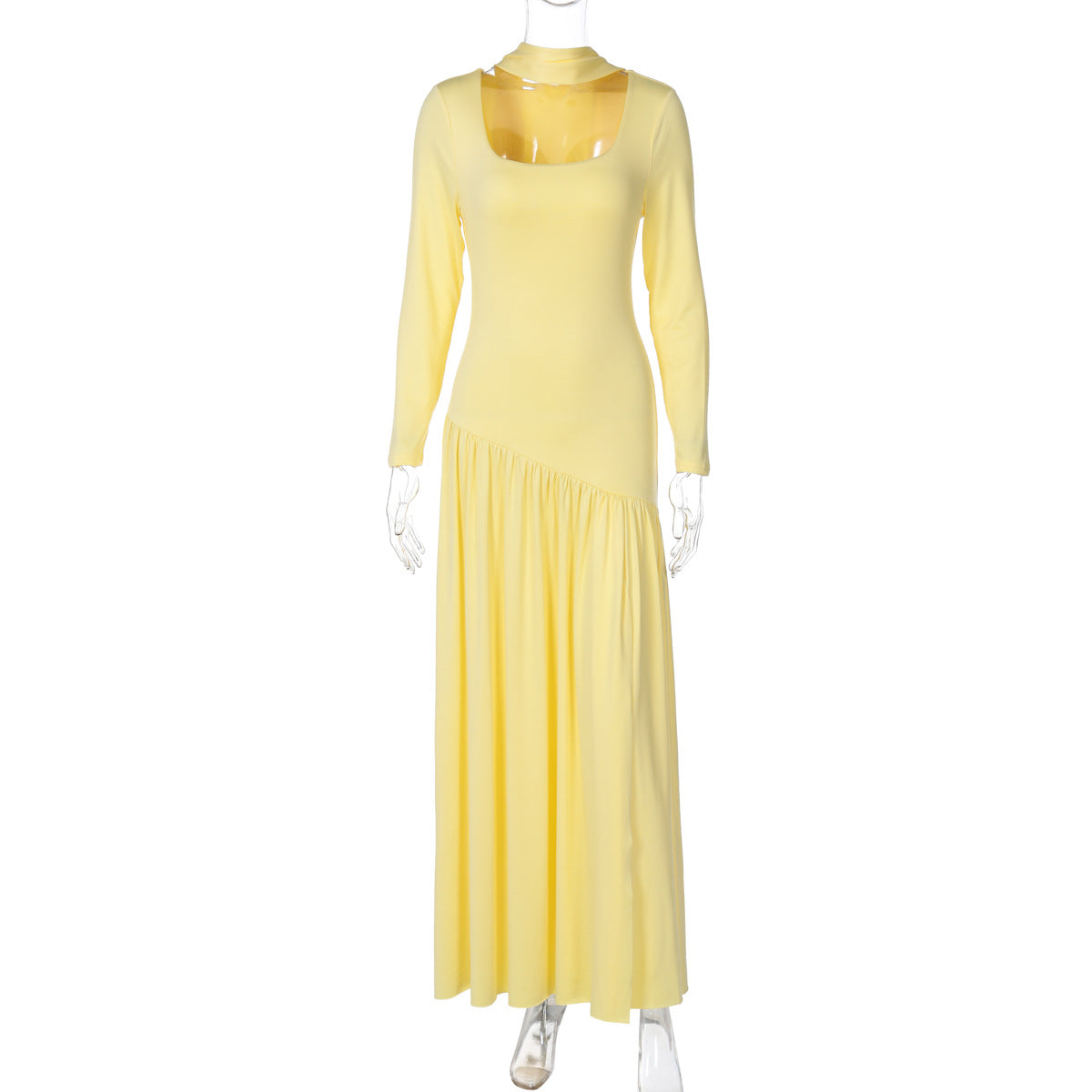 Women Clothing Autumn Sexy Contrast Color U Collar Solid Color Split Long Sleeve Dress by Ragazza