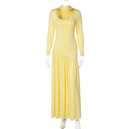 Women Clothing Autumn Sexy Contrast Color U Collar Solid Color Split Long Sleeve Dress by Ragazza