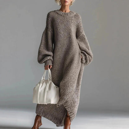 Women Stand Alone round Neck Loose Lantern Sleeve Long Knitted Sweater Dress  DestGlow