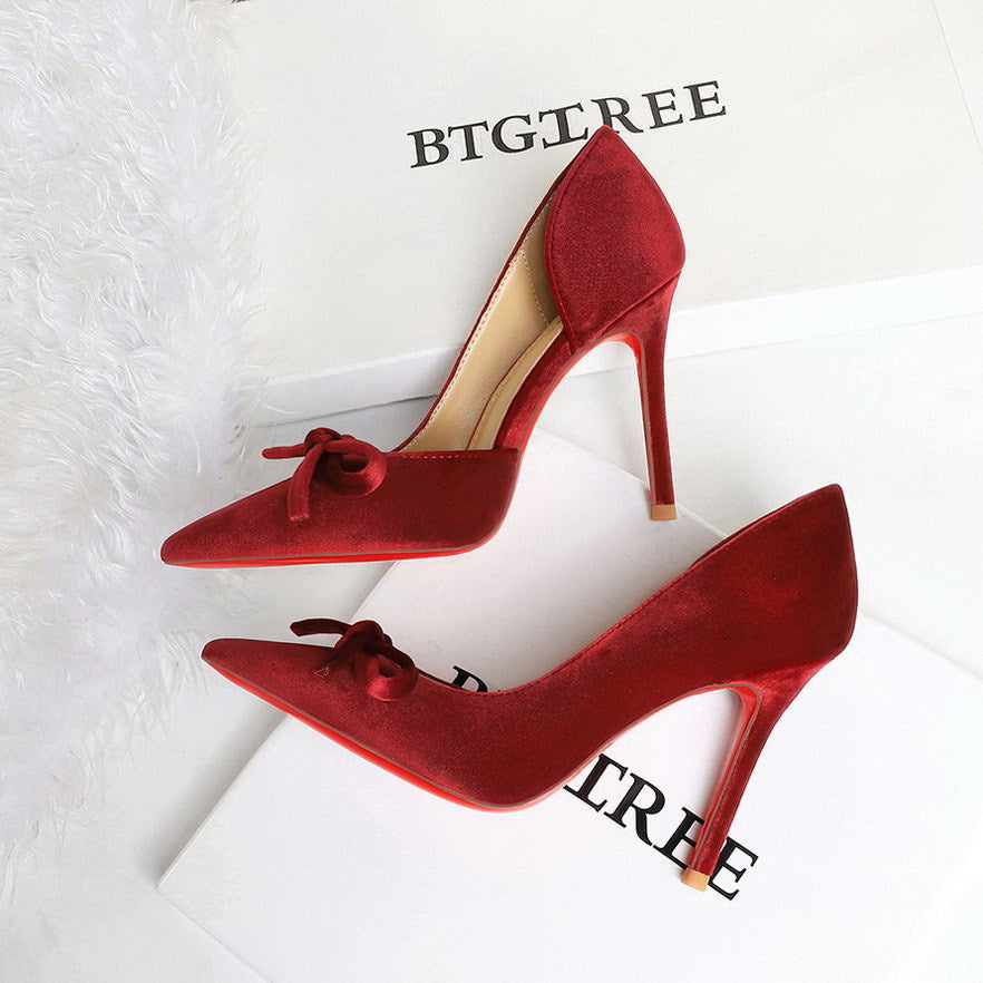 Sexy Red Bottom Stilettos Bow Side Empty High Heels Pointed Toe Cocktail Pumps Women  DestGlow