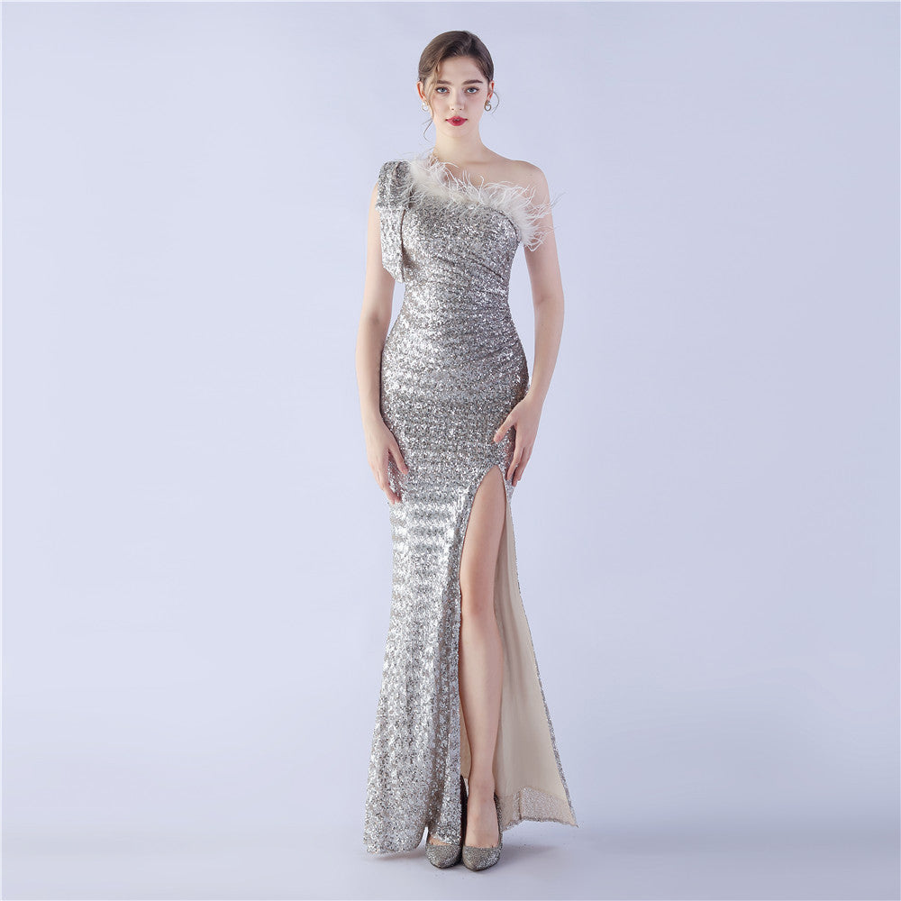 Craft Floral plus Ostrich Feather High End Sequined One Shoulder Evening Dress by Ragazza