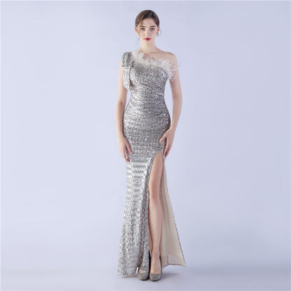 Craft Floral plus Ostrich Feather High End Sequined One Shoulder Evening Dress by Ragazza