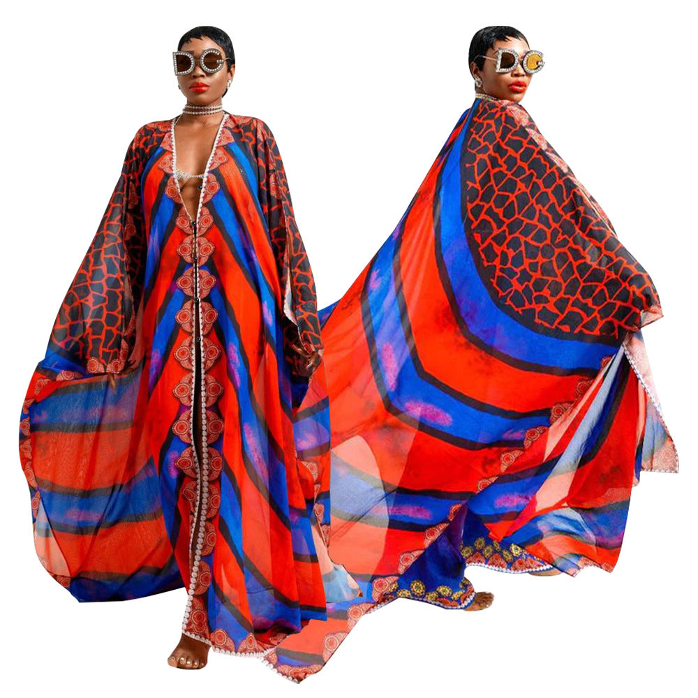 Popular Women Clothing Autumn V neck Casual Printed Jacket See through Chiffon Shirt by Ragazza