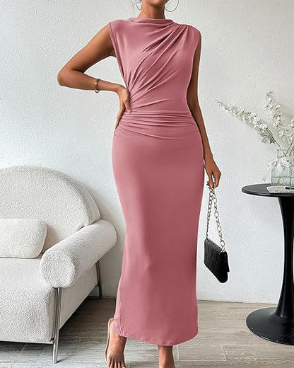 Women Clothing Shein Sleeveless Back Slit Pleated Tight Dress by Ragazza
