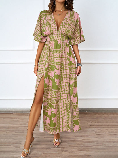 Summer Sexy V neck Short Sleeve Waist Controlled Printed Dress for Women by Ragazza