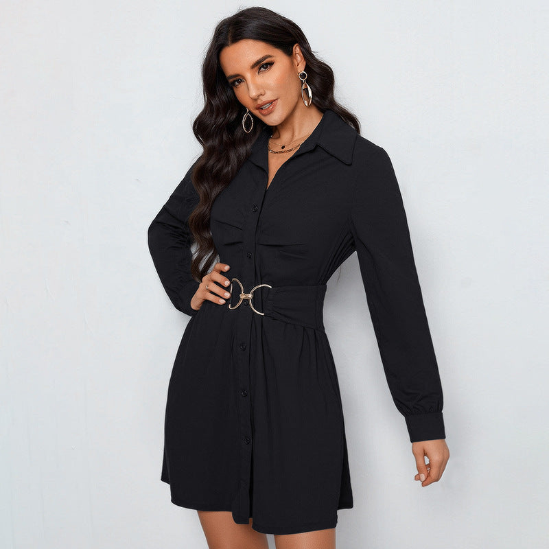 Autumn Casual Office Shirt Dress Single Breasted Black Long Sleeve Collared Dress by Ragazza