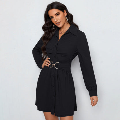 Autumn Casual Office Shirt Dress Single Breasted Black Long Sleeve Collared Dress by Ragazza