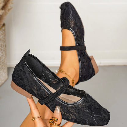 Flat Bottom Mary Jane Mesh Shoes Women Low Top Fairy Chunky Heel Low Cut Doudou Boat Shoes  DestGlow