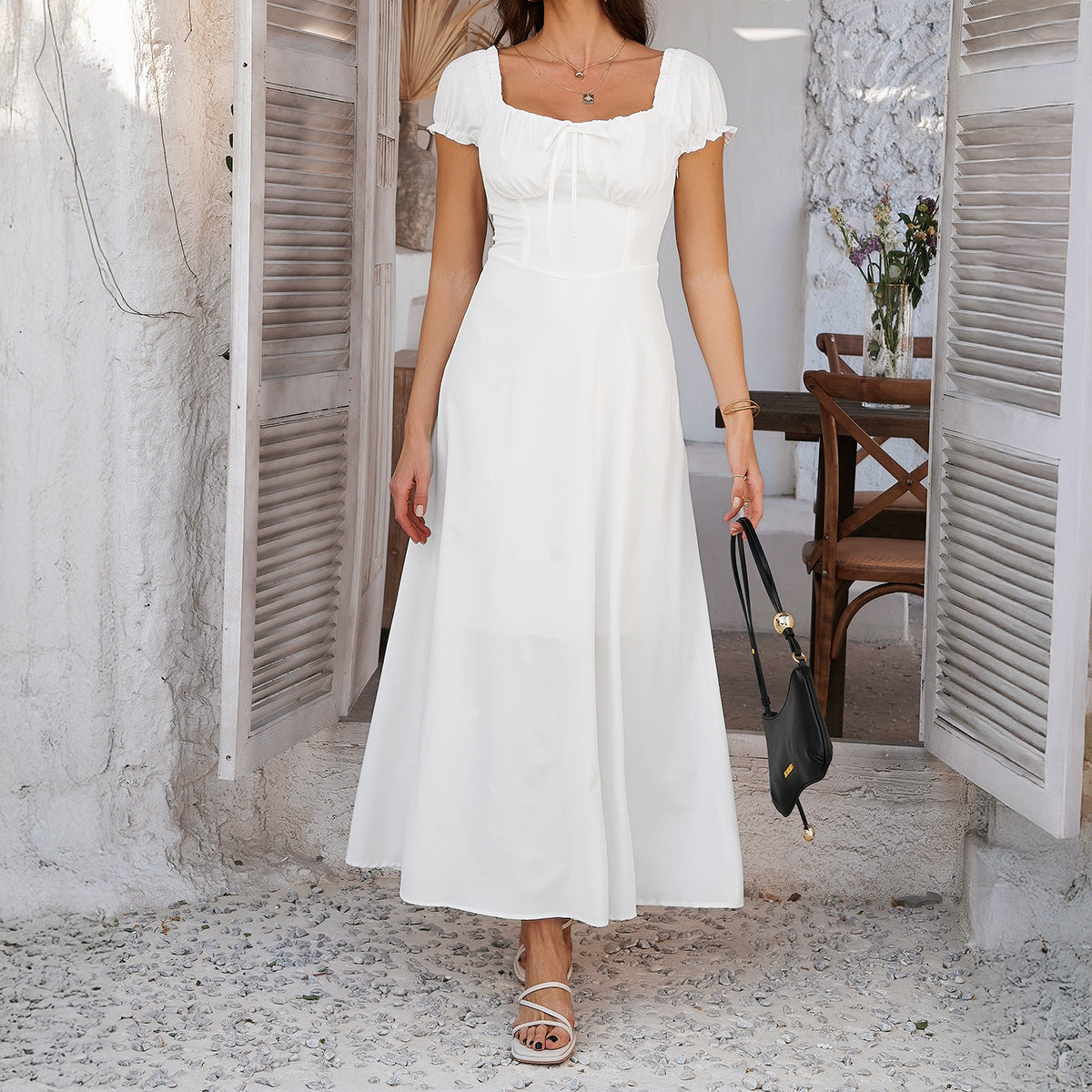 Spring Summer Elegant Solid Color Tied Pleating Puff Sleeve French Dress Women Clothing by Ragazza
