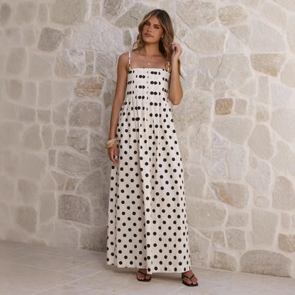 Summer Polka Dot Printed Pleated Craft Sweet Spaghetti Strap Mid Length Dress by Ragazza