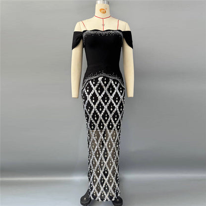 Ladies Light Luxury High End Rhinestone Bandage Top Net Drill Sequined Dress Two Piece Women Clothing by Ragazza