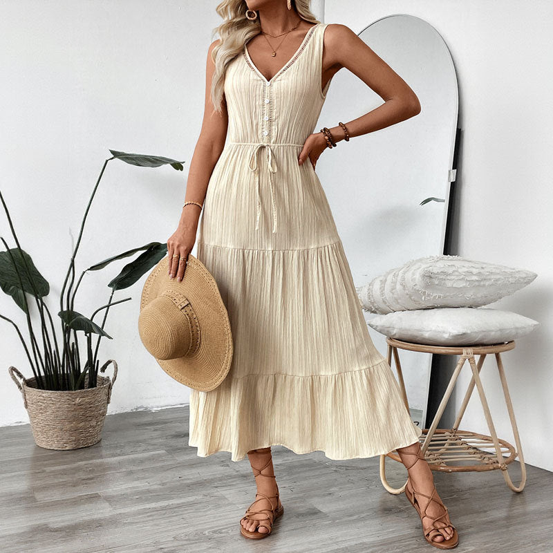 Simple All Matching Strap Sleeveless V neck Solid Color Women Clothing Summer Dress  DestGlow