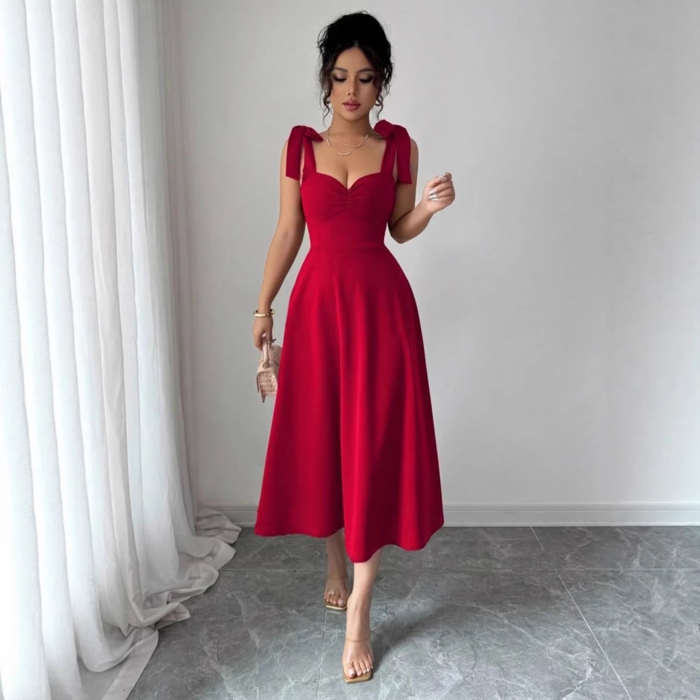 Spring Summer Solid Color Tied Dress Waist Slimming Elegant Graceful Maxi Dress by Ragazza