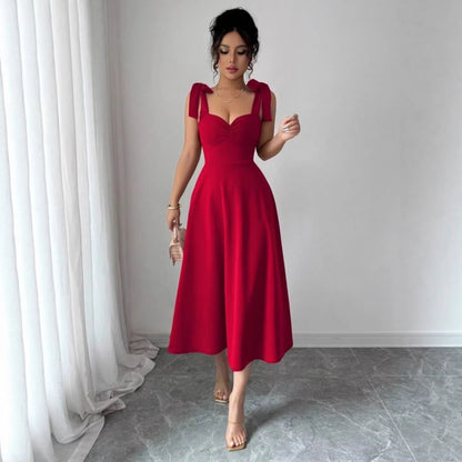 Spring Summer Solid Color Tied Dress Waist Slimming Elegant Graceful Maxi Dress by Ragazza