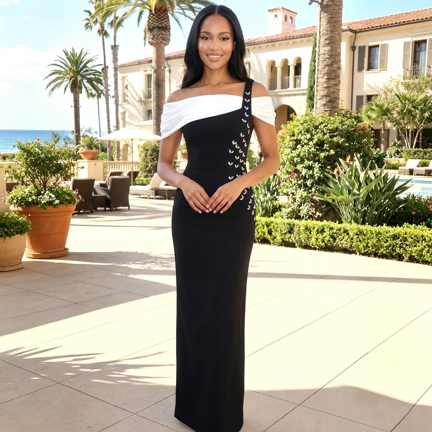 Off Shoulder Evening Dress Fishtail Long Cocktail Light Luxury Rhinestone Sheath Dress  DestGlow
