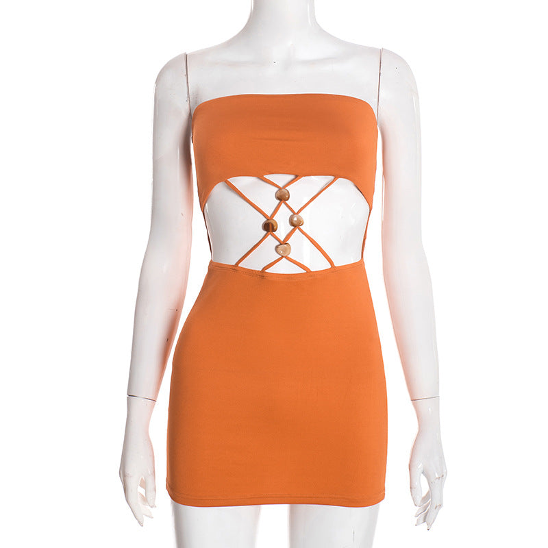 Women Clothing Spring Sexy Package Hip Hollow Out Cutout out Strap Tube Top Short Sleeveless Dress by Ragazza