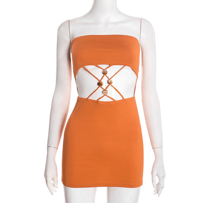 Women Clothing Spring Sexy Package Hip Hollow Out Cutout out Strap Tube Top Short Sleeveless Dress by Ragazza