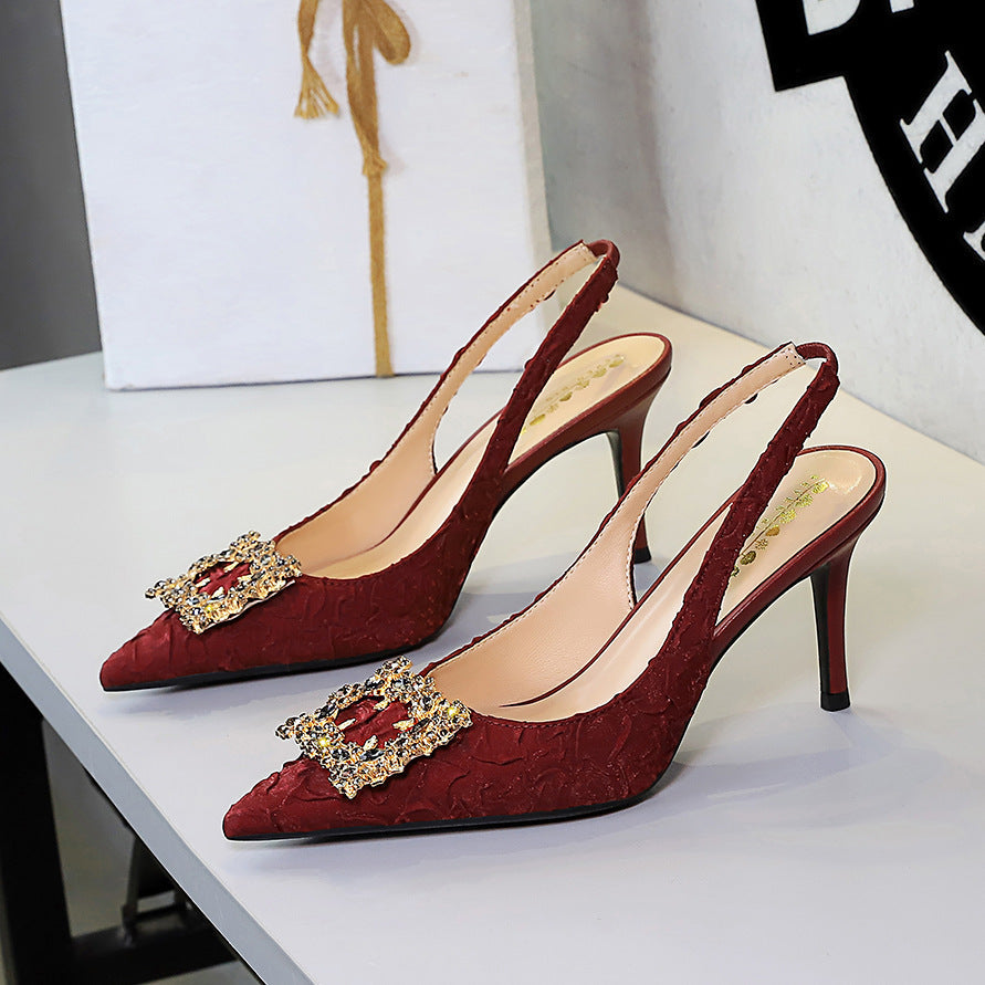 Cocktail Stiletto Heel Women Shoes Metal Rhinestone Square Buckle Pointed Toe Slingback Back Strap Sandals Women  DestGlow