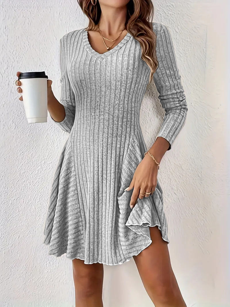 Elegant Knitted V neck Long Sleeve Dress Short Dress Large Swing Dress Women Clothing by Ragazza
