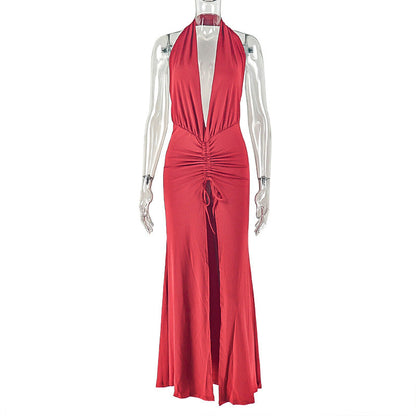 Women Clothing Split Solid Color Backless Hip Dress Sexy Deep V Plunge neck Halter Wrapped Chest Maxi Dress