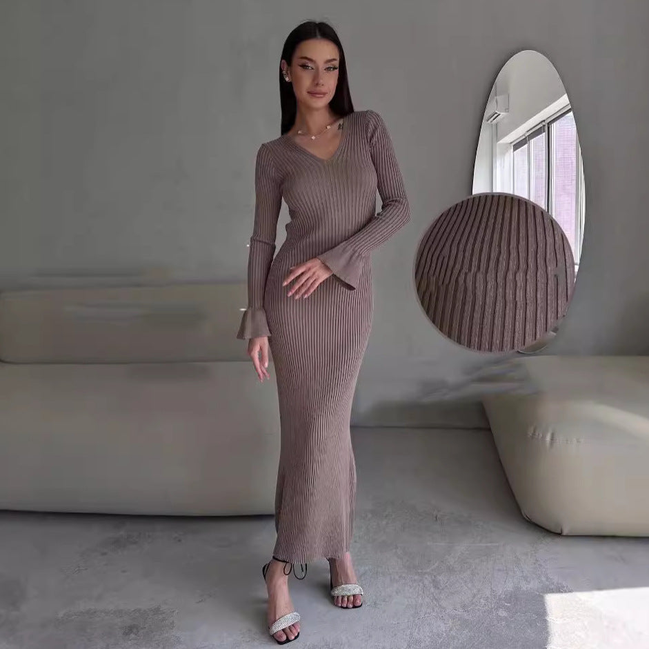 Long Sleeve V neck Tight Knitted Dress Solid Color Rib Fabric Wool Long Autumn Winter Dress by Ragazza