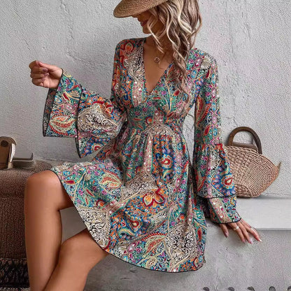 Autumn Winter Elegant Women Floral Print V neck Flare Sleeve Dress by Ragazza