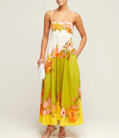 Dress Women Clothing Spaghetti Strap Floral Print Linen 9 Color Large Swing Dress by Ragazza