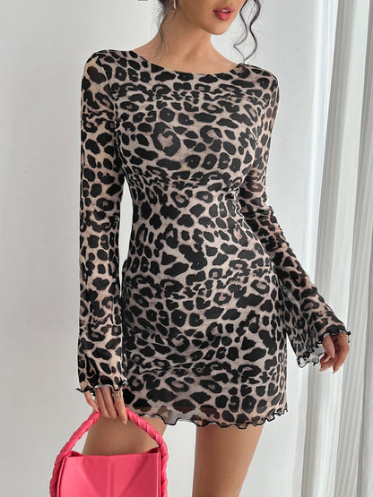 Spring Summer Lady Sexy Leopard Print Backless Flare Sleeve Mesh Dress by Ragazza