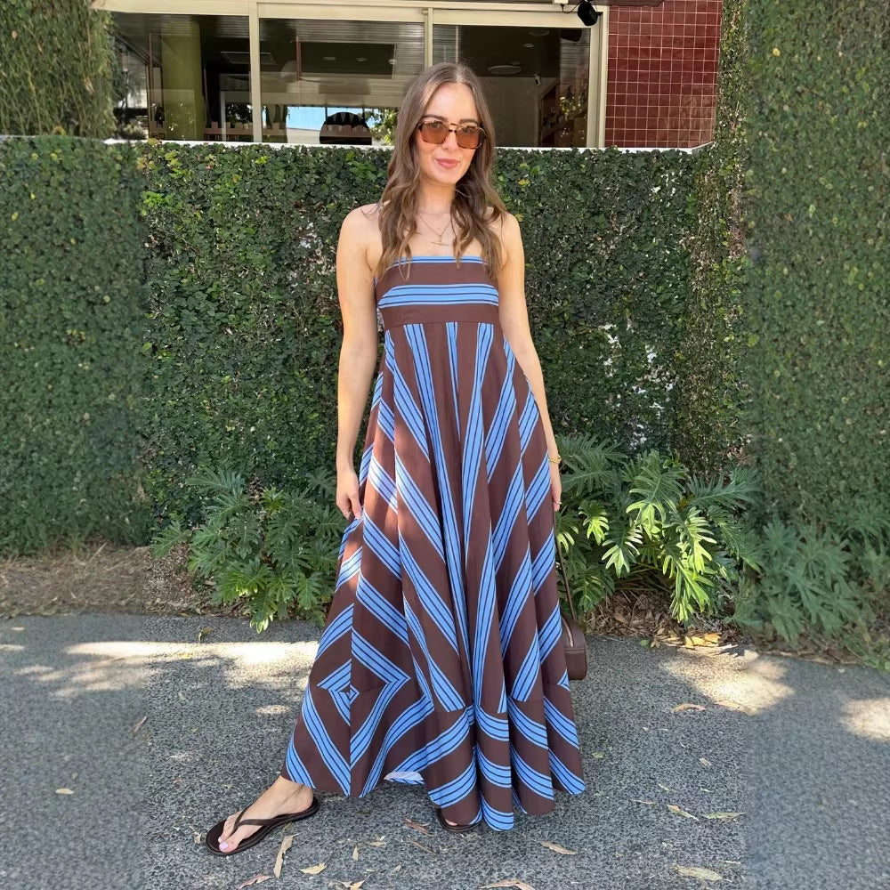 Summer Dress Striped Printed High Waist Big Swing French Cami Dress by Ragazza