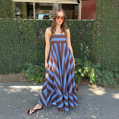 Summer Dress Striped Printed High Waist Big Swing French Cami Dress by Ragazza