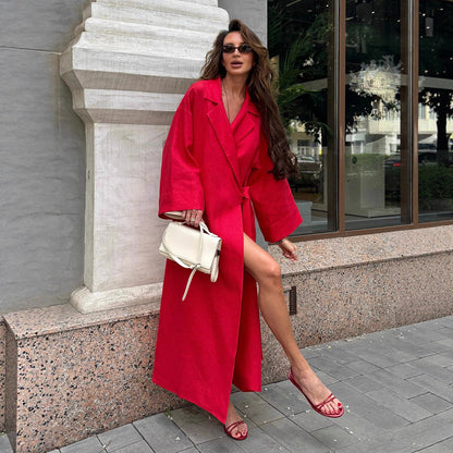 Cotton Linen Dress Women Autumn Lazy Casual Loose Robe Collared Tied Maxi Dress by Ragazza