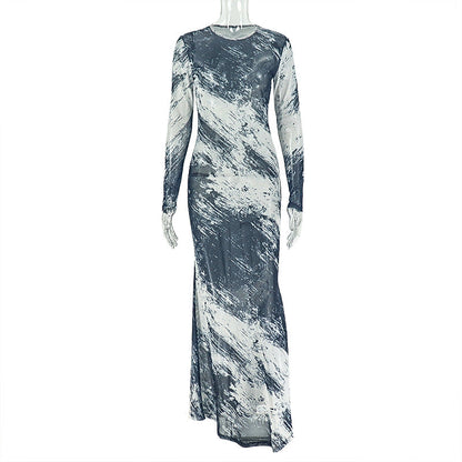 Personality Women Printed Wear Straight Hip Colorblock round Neck Long Sleeved Dress by Ragazza