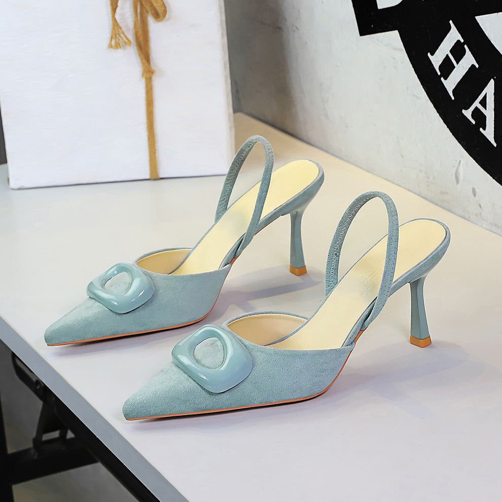French Office Square Buckle Pointed Toe Suede Small Clear Back Empty Strap Stiletto Heel Women Shoes  DestGlow