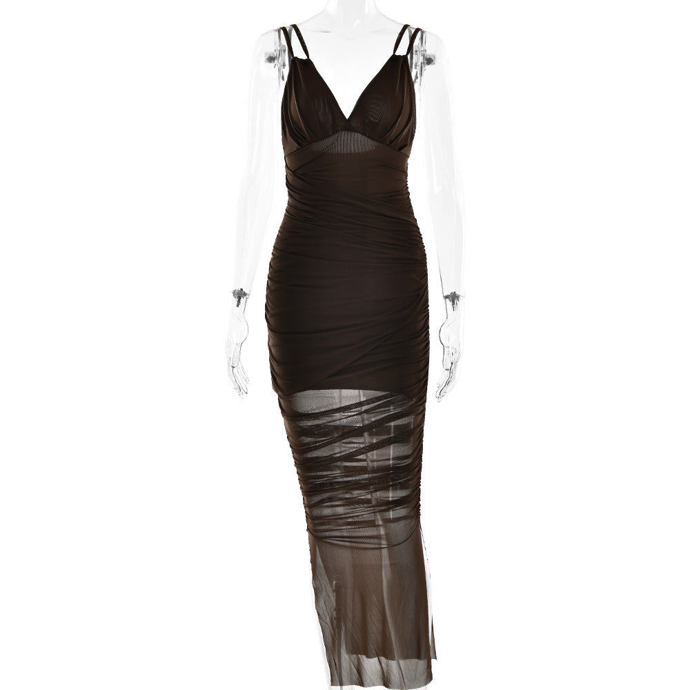Suspender Deep V Plunge Sexy Dress Sexy Pleated Slim Mesh Dress by Ragazza