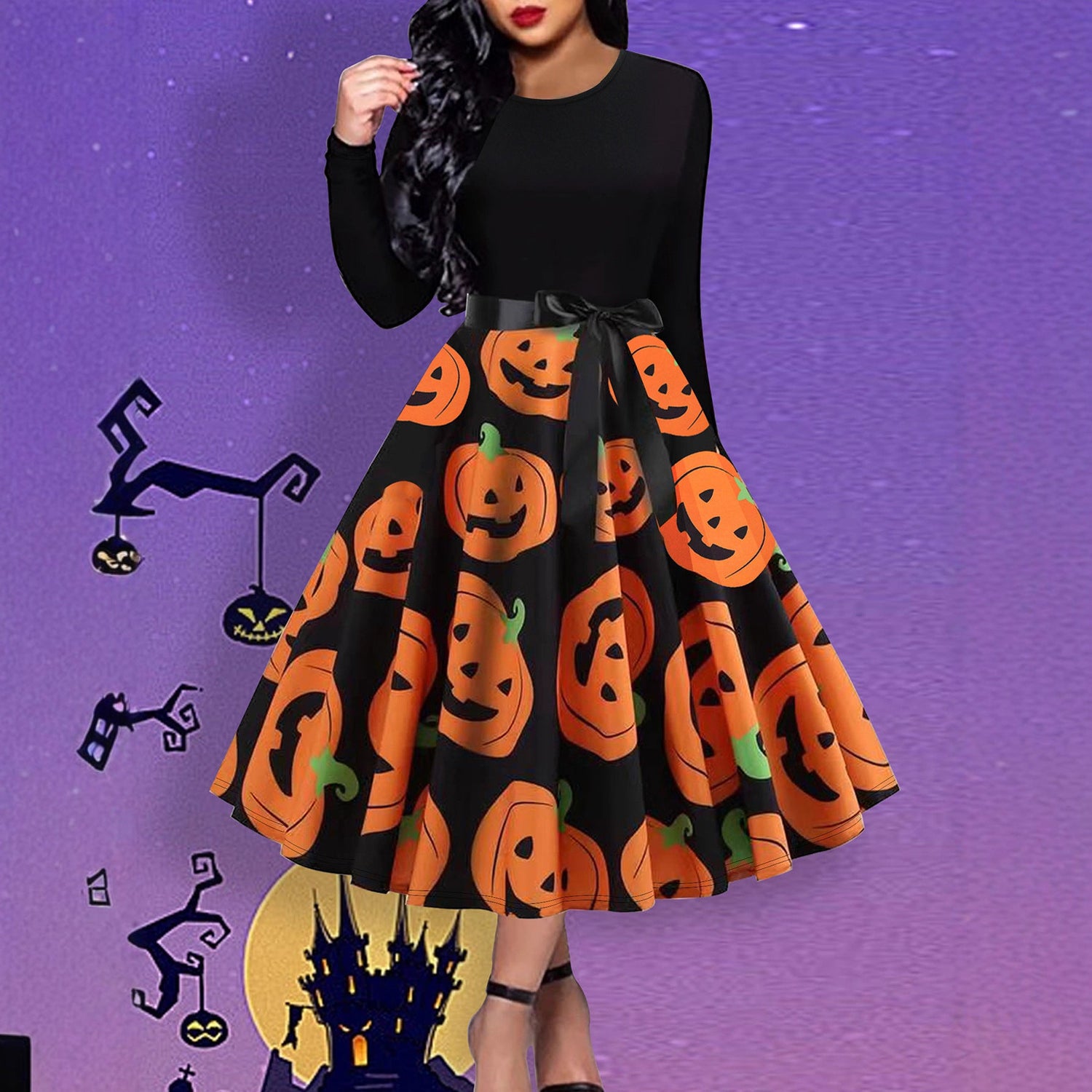 Women Clothing Pumpkin Bow Halloween Dress Long Sleeve Princess Holiday Casual by Ragazza