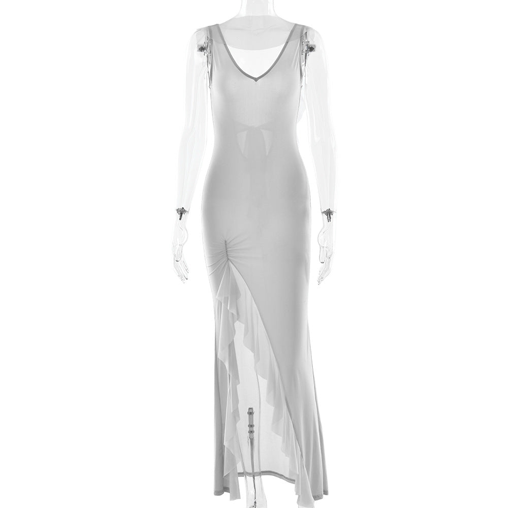 Summer Elegant Ribbon Women Dress Sexy Backless High Slit Ruffled Slim Dress by Ragazza