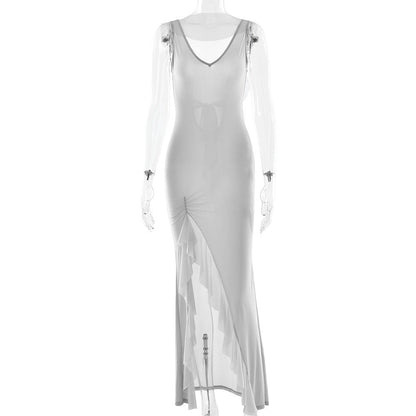 Summer Elegant Ribbon Women Dress Sexy Backless High Slit Ruffled Slim Dress by Ragazza