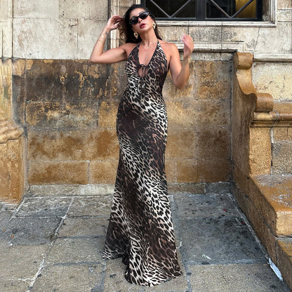 Sexy Party Formal Dress Leopard Print Backless Halter Tied V neck Dress by Ragazza