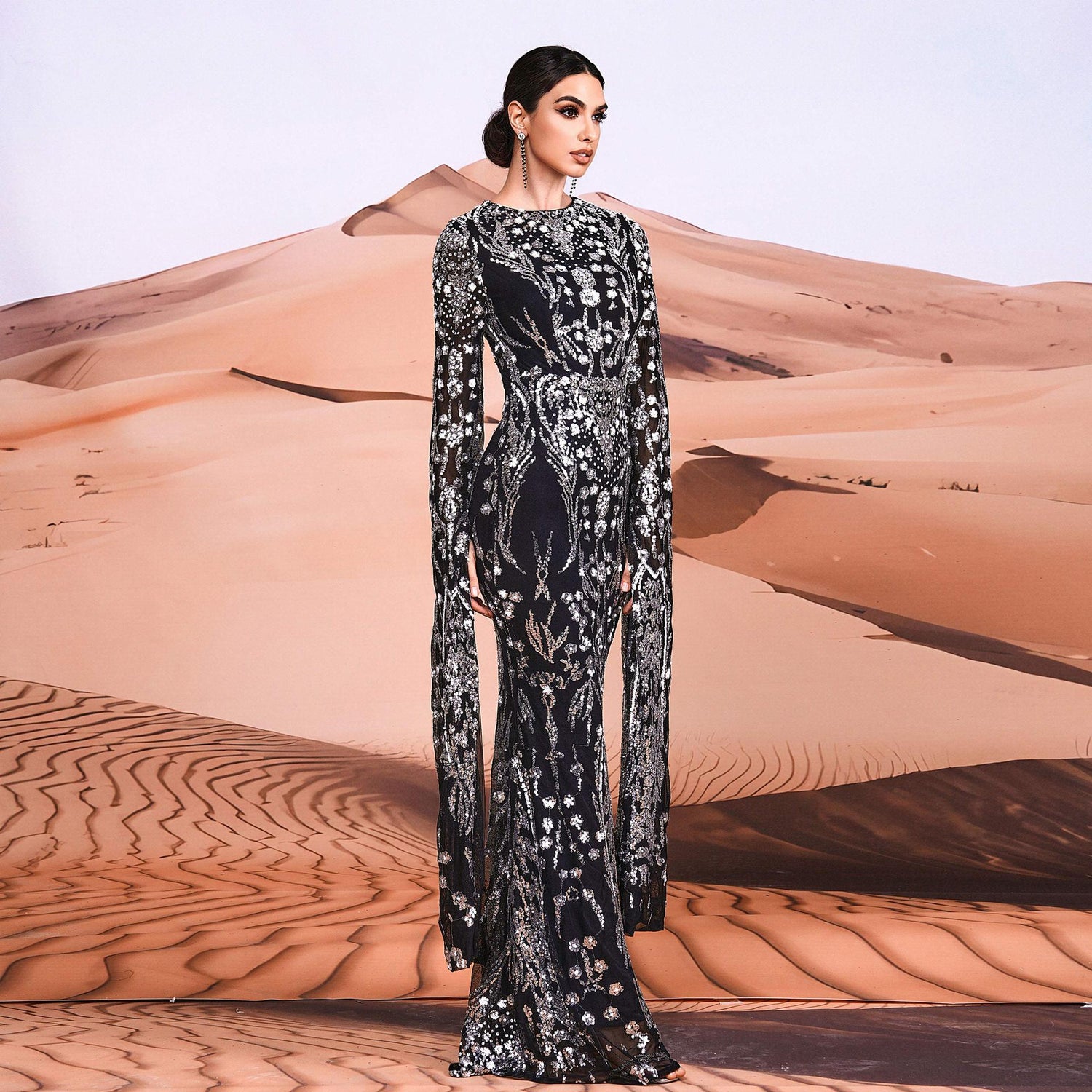 Super Long Sleeve Crew Neck Sexy Slim Long Sequined Cocktail Evening Dress Bridesmaid Dress by Ragazza