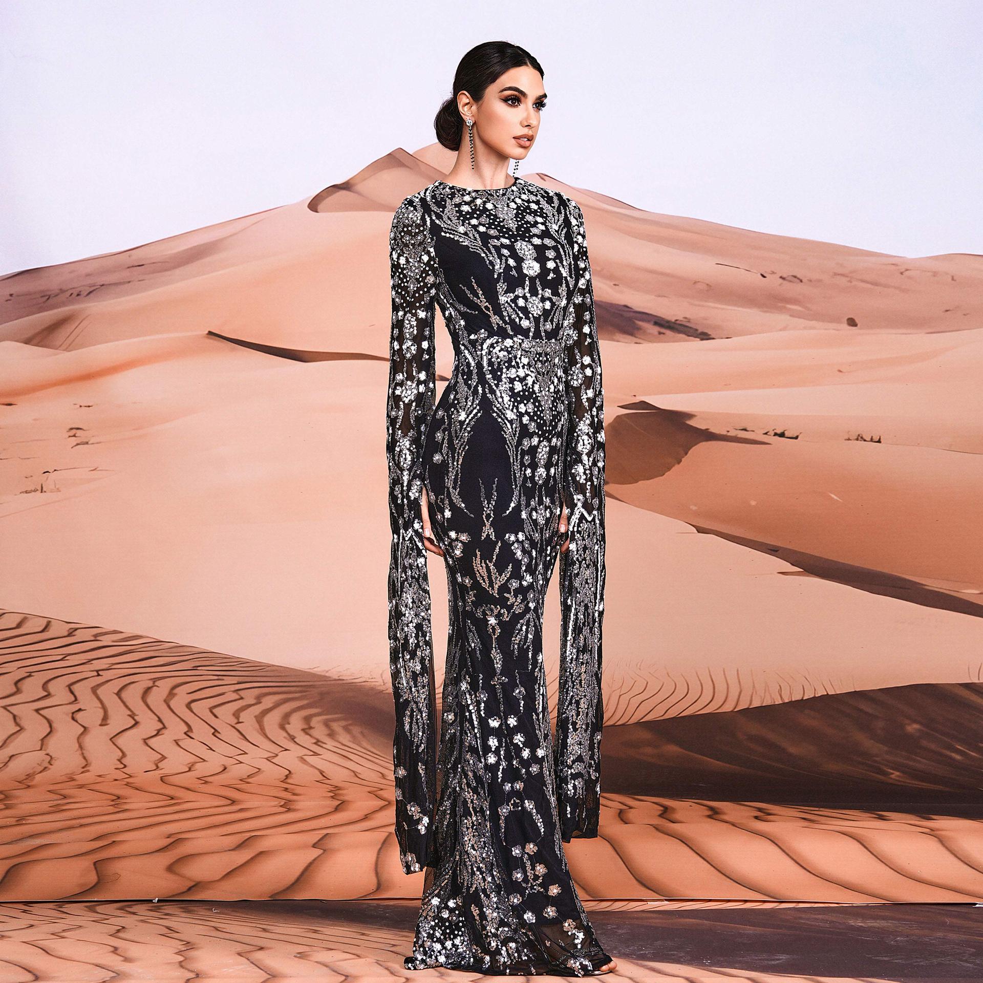 Super Long Sleeve Crew Neck Sexy Slim Long Sequined Cocktail Evening Dress Bridesmaid Dress by Ragazza