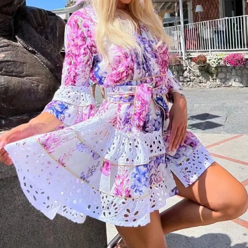 French Bohemian Vacation Spring V Neck Bell Sleeve Embroidered Printed Tied Dress Women by Ragazza