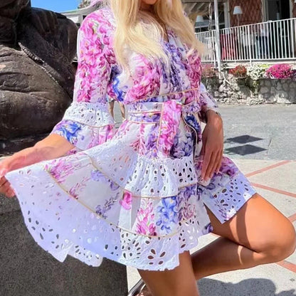 French Bohemian Vacation Spring V Neck Bell Sleeve Embroidered Printed Tied Dress Women by Ragazza